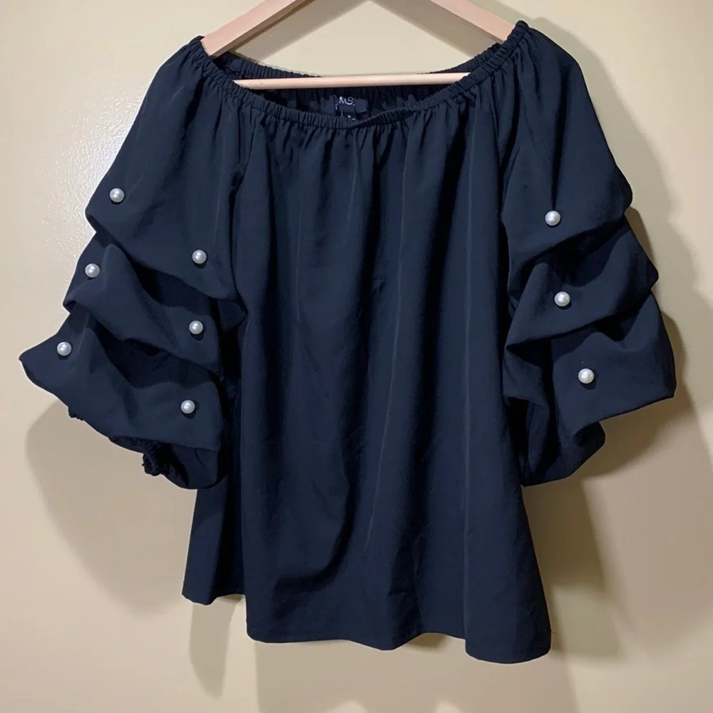 MSK Puffy bubble sleeve Pearl studded blouse black size medium off the shoulder
